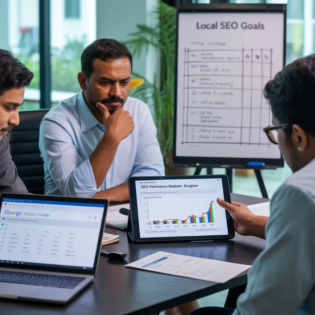 A meeting is happening at a digital marketing agency called Aspire Digital Solution. A team is talking about SEO services in Bangalore. They are looking at a report on a tablet, and a board behind them lists their "Local SEO Goals."