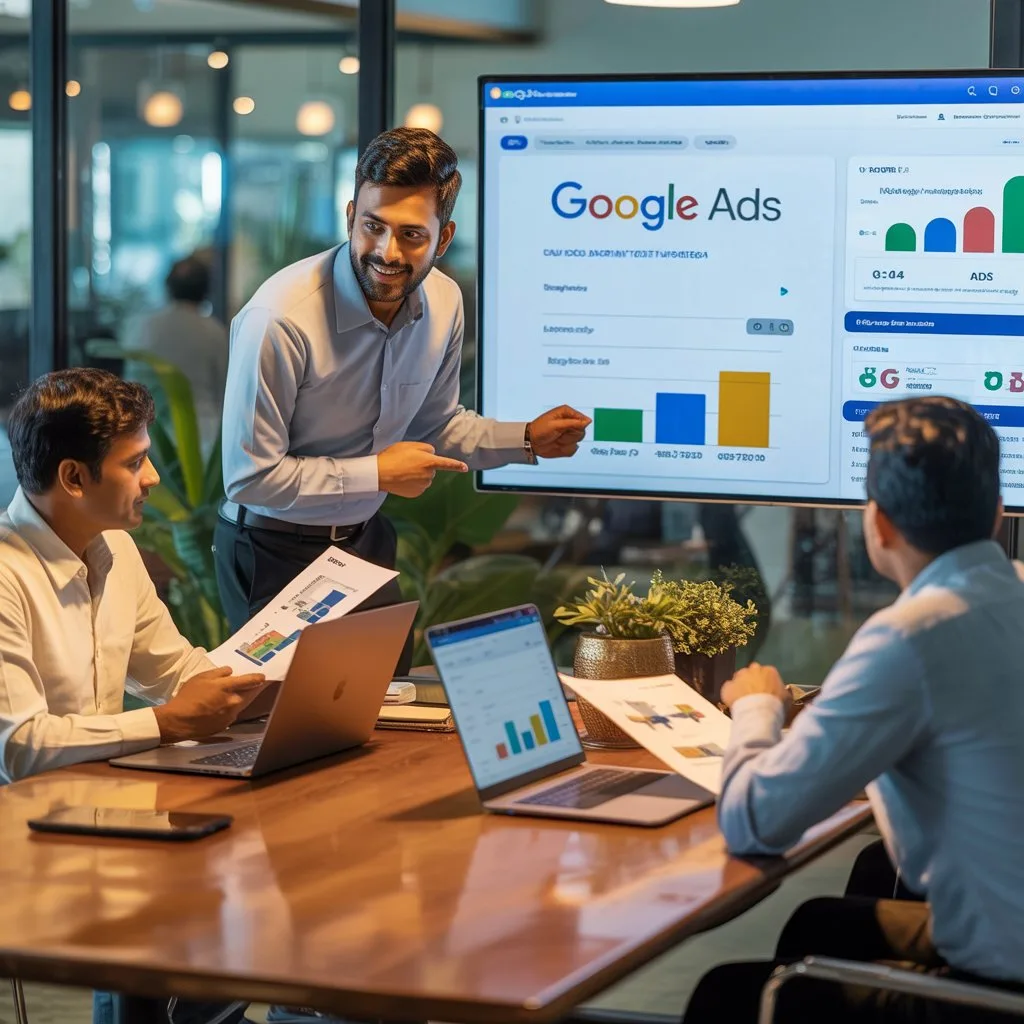A man from Aspire Digital Solutions is presenting a "Google Ads Strategy" on a screen to his team. The group is discussing their Google Ads services in Mysore during a meeting.