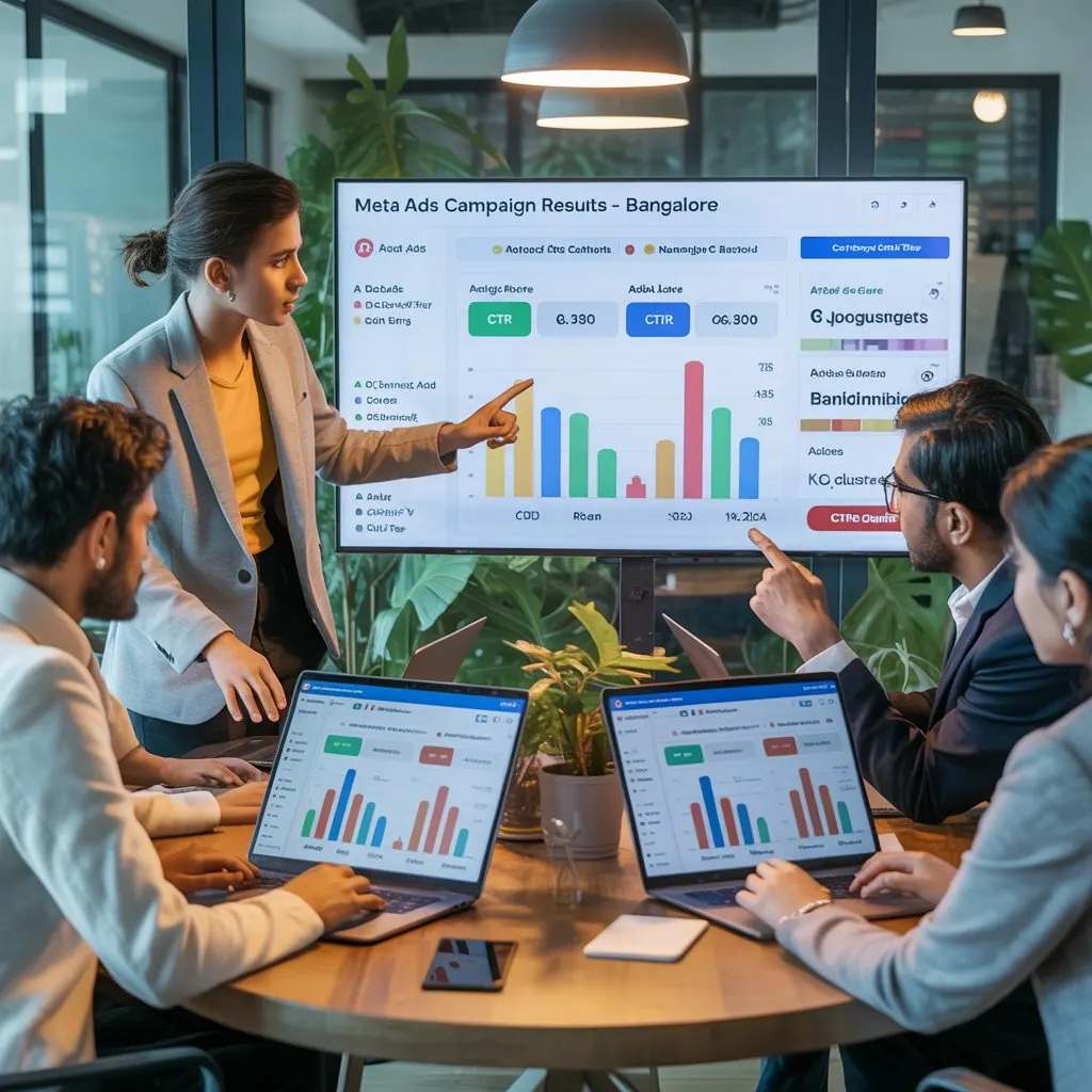 A team at Aspire Digital Solution is in a meeting discussing Google Ads services in Bangalore. They are looking at a large screen showing "Meta Ads Campaign Results," with one person pointing at the data, showing their focus on analyzing the ad performance.