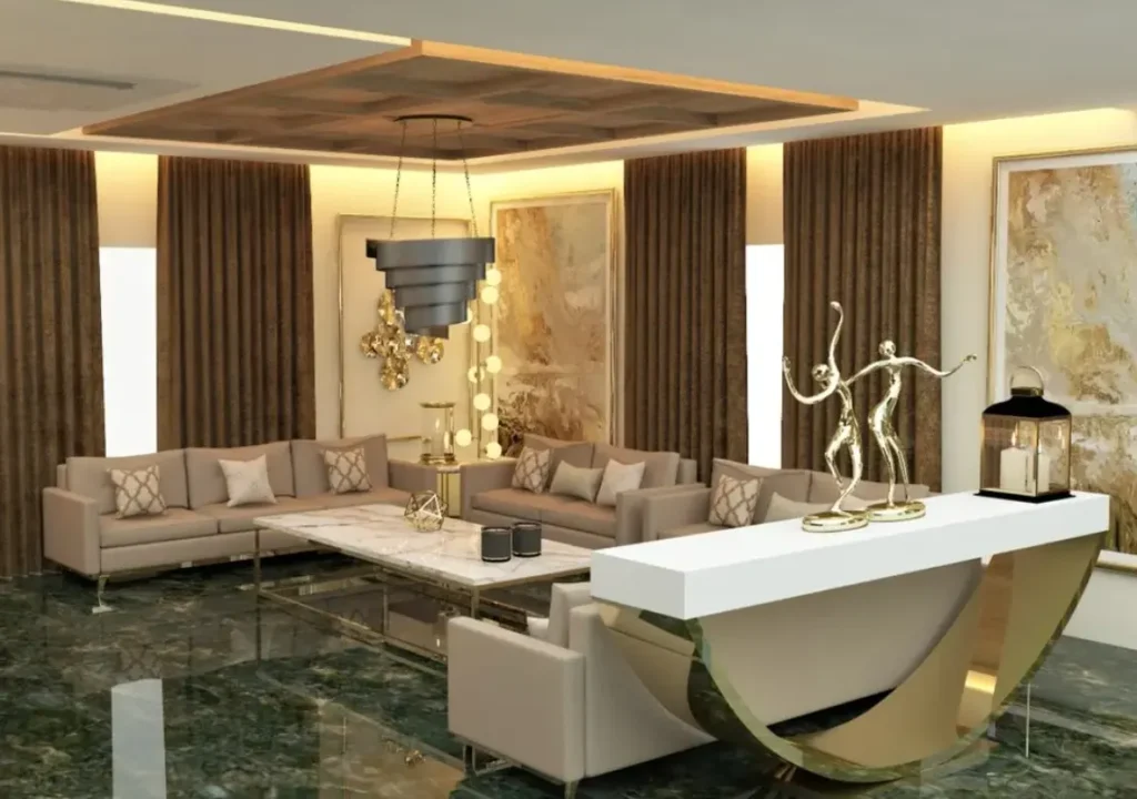 This is a high-quality picture of a living room designed by a luxury interior design studio in Sadashivanagar, Bangalore. The room has modern gray sofas, a white table, and fancy decorations. Aspire Digital Solutions likely helped create this picture to show the studio's work online.