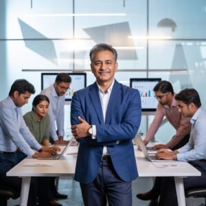 A man from Aspire Digital Solutions stands smiling, with his team working in the background. The team is focused on providing digital marketing services in Bangalore, with charts and data on monitors.