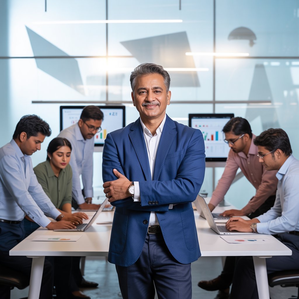 A man from Aspire Digital Solutions stands smiling, with his team working in the background. The team is focused on providing digital marketing services in Bangalore, with charts and data on monitors.