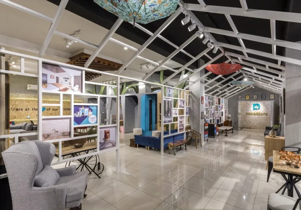 A stylish interior space features a metal grid ceiling and well-arranged bookshelves. This image highlights Aspire Digital Solutions' ability to market businesses in the design industry, such as interior design firms or modern cafes.