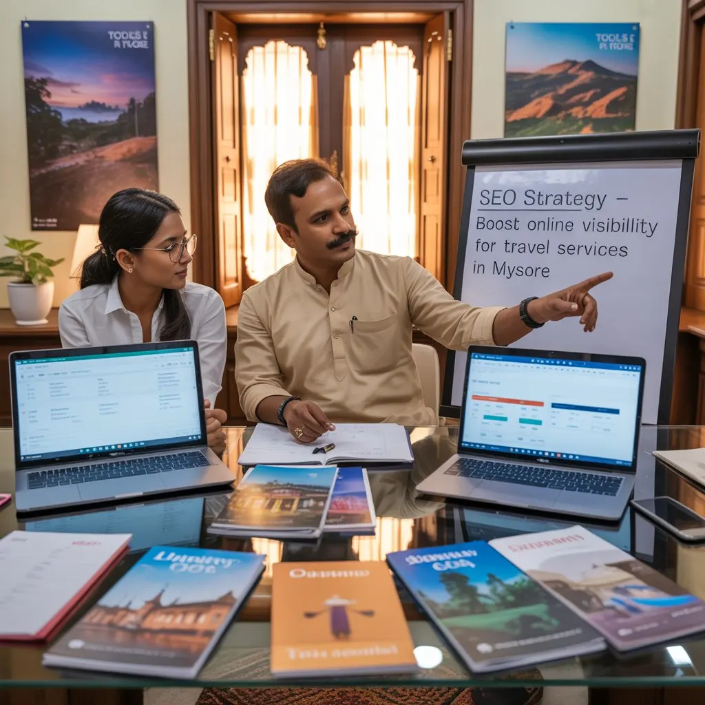 A man from Aspire Digital Solutions is presenting an SEO strategy on a whiteboard to a colleague. He is pointing at a board that explains their SEO services for tours and travels in Mysore, with travel brochures on the table.