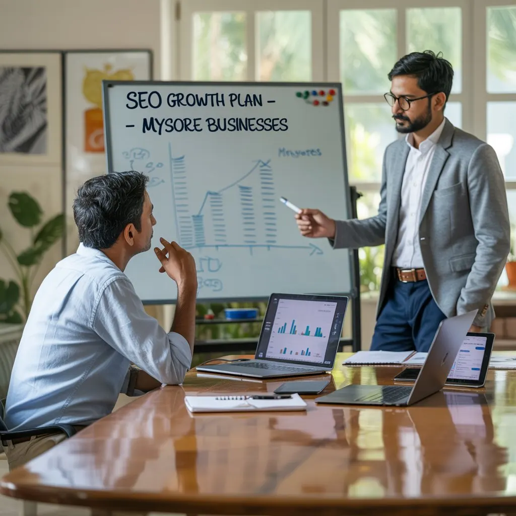 Two men discuss SEO growth for Mysore businesses around a table with laptops. The scene suggests a meeting led by an SEO expert in Mysore from a company like Aspire Digital Solutions.