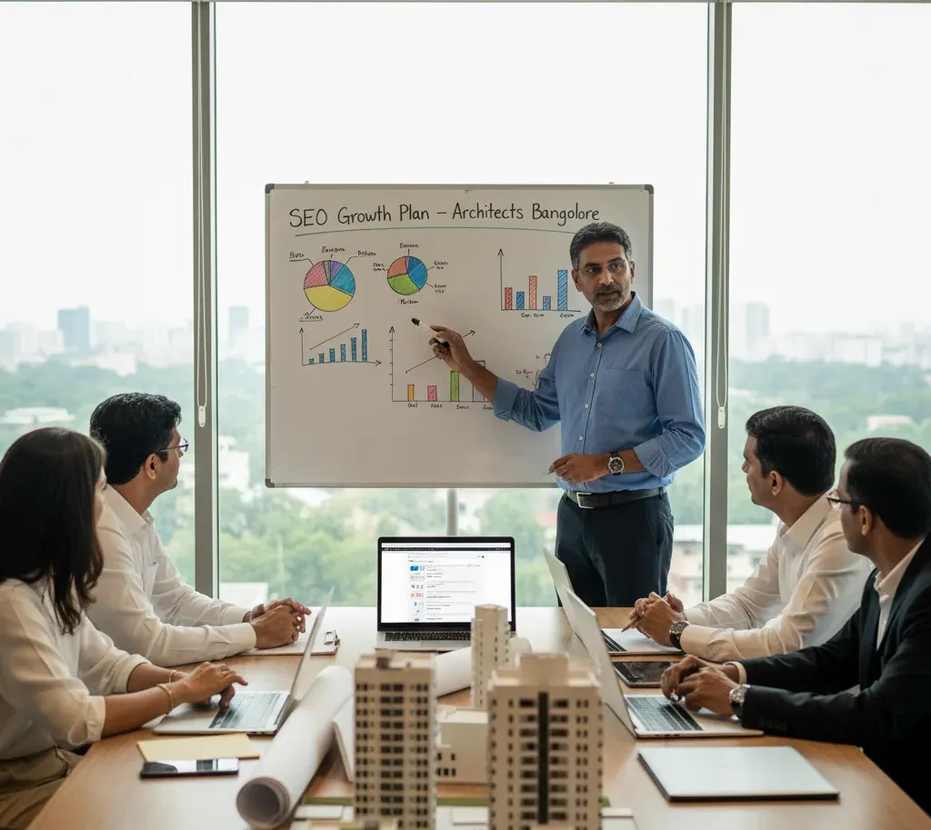 A consultant presents an "SEO Growth Plan - Architects Bangalore" on a whiteboard to a team, with building models on the table. We offer top SEO Services for Architects in Bangalore.