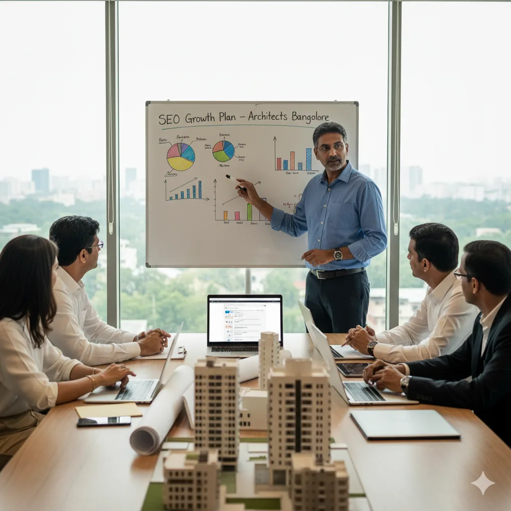 A consultant presents an "SEO Growth Plan - Architects Bangalore" on a whiteboard to a team, with building models on the table. We offer top SEO Services for Architects in Bangalore.