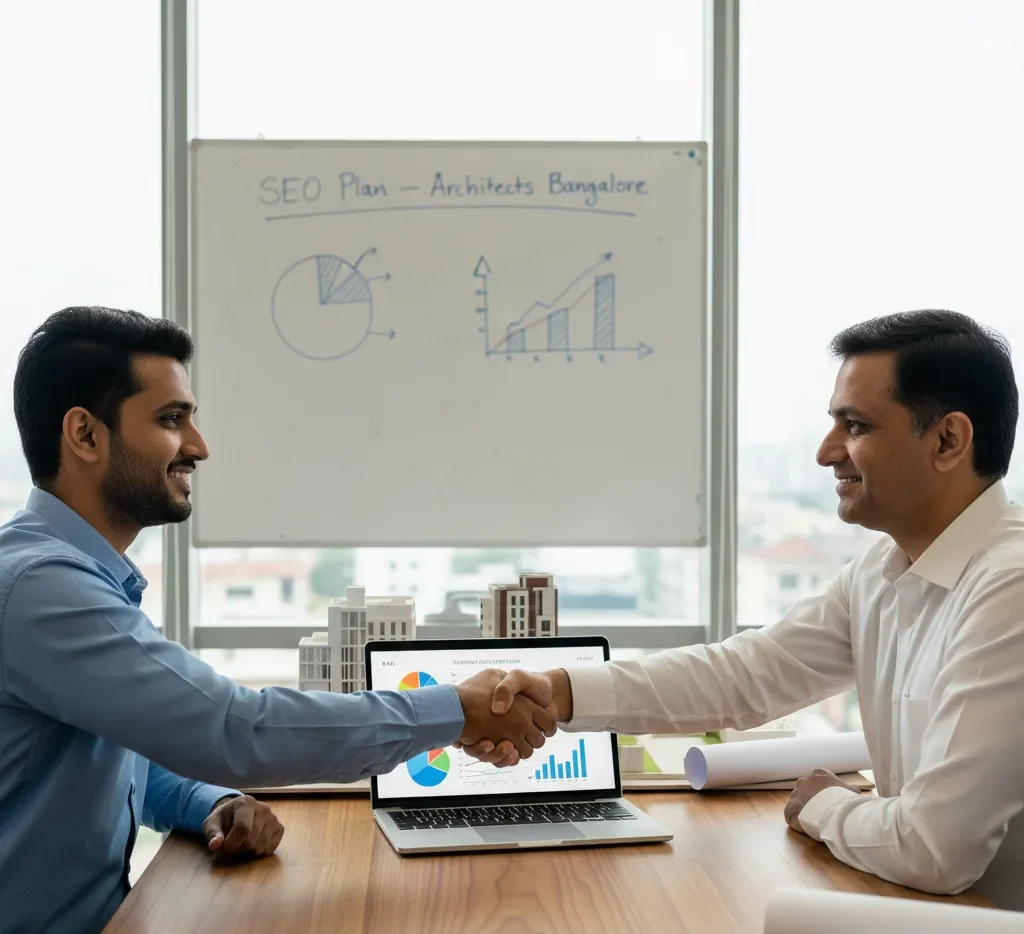 An SEO consultant and an architect shake hands over a laptop displaying a growth chart and building models. This partnership provides SEO Services for Architects in Bangalore.