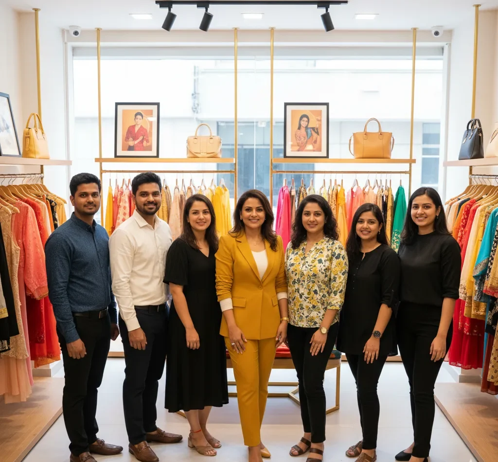 A female consultant points to an "SEO Strategy for Boutiques - Bangalore" chart on her laptop while meeting with a team of owners in a stylish clothing boutique. We offer effective SEO Services for Boutiques in Bangalore.