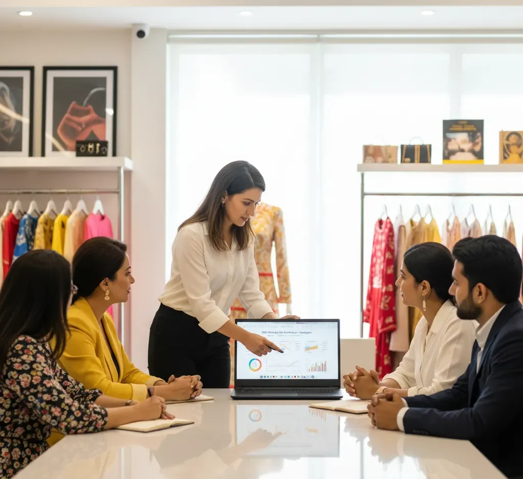 A female consultant points to an "SEO Strategy for Boutiques - Bangalore" chart on a laptop, explaining growth to a team of owners. We offer effective SEO Services for Boutiques in Bangalore.