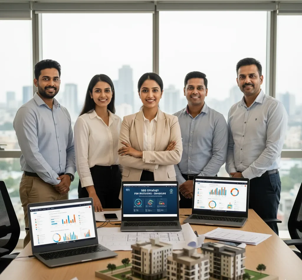 A confident team stands behind models of buildings and laptops showing an "SEO Strategy for Builders, Bangalore." We specialize in SEO Services for Builders in Bangalore.