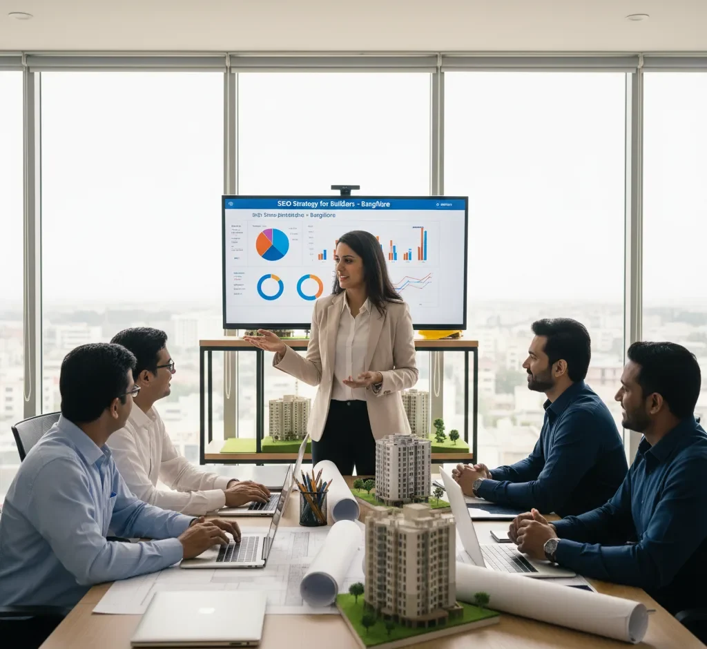A consultant presents an "SEO Strategy for Builders - Bangalore" to a team of architects, with property models on the table. We offer effective SEO Services for Builders in Bangalore.