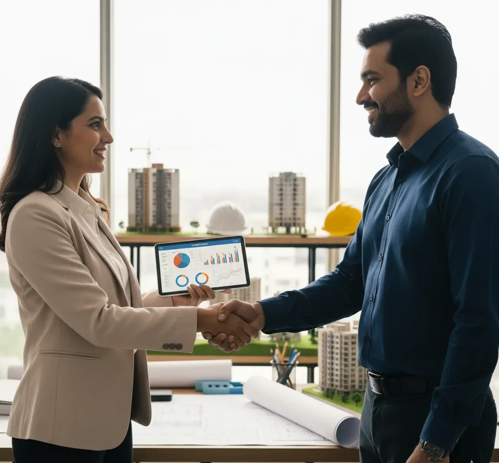 A female consultant with a tablet showing analytics shakes hands with a male builder. This partnership delivers powerful SEO Services for Builders in Bangalore to sell properties.
