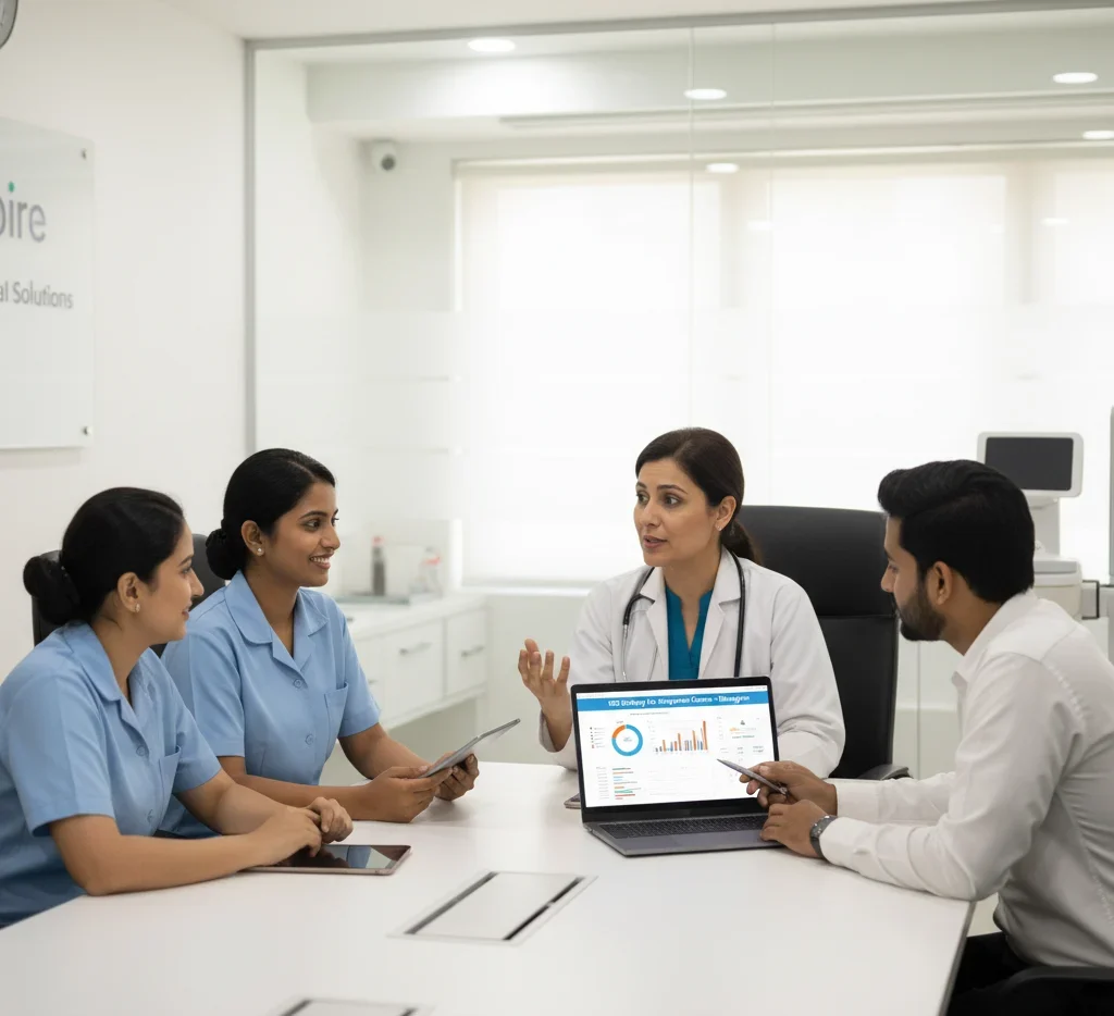 A doctor and her medical team review a laptop displaying a strategy chart in a Bangalore clinic. We offer powerful SEO Services for Diagnostic Centres in Bangalore to increase patient reach.