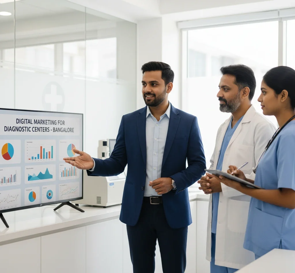 A marketing consultant presents a "Digital Marketing for Diagnostic Centers - Bangalore" report to a doctor and nurse. We boost patient visibility with expert SEO Services for Diagnostic Centres in Bangalore.
