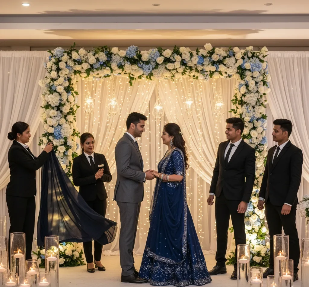 Image 5: Wedding Ceremony (SEO Services for Event Management Companies in Bangalore.webp) An event management team assists a couple at a wedding ceremony featuring a floral arch and candles. We offer expert SEO Services for Event Management Companies in Bangalore.