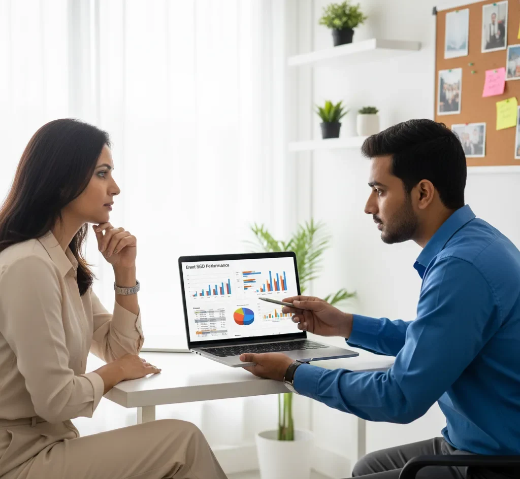A consultant points to an "Event SEO Performance" chart on a laptop, explaining strategy to a client. We provide expert SEO Services for Event Management Companies in Bangalore.