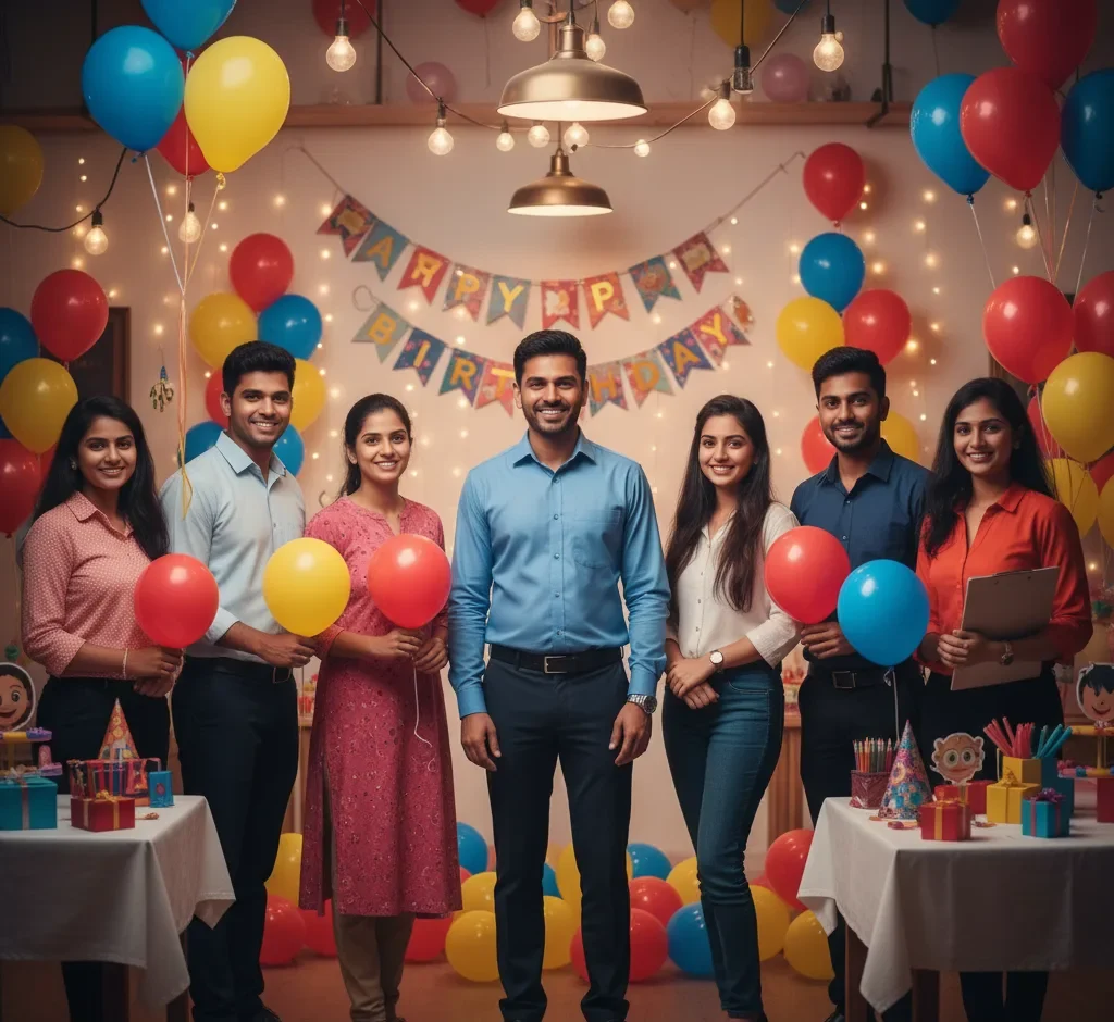 A smiling team from an event management company stands amid balloons and party decor. We offer top SEO Services for Event Management Companies in Bangalore to get clients.