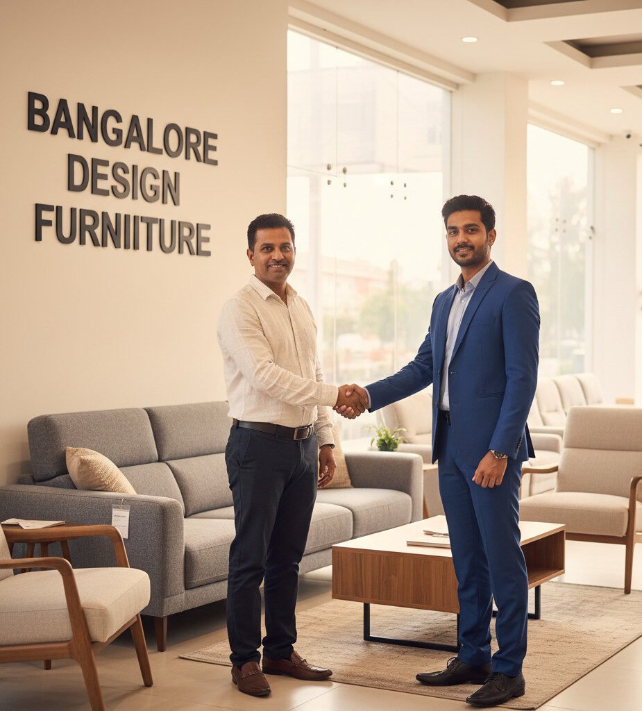Professional photograph captures a furniture store owner and an SEO consultant shaking hands in a modern Bangalore furniture showroom, symbolizing trust for SEO Services.