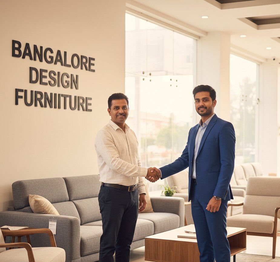 Professional photograph captures a furniture store owner and an SEO consultant shaking hands in a modern Bangalore furniture showroom, symbolizing trust for SEO Services.