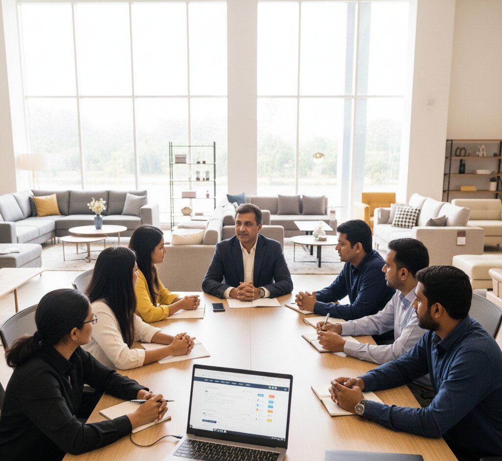 A professional group meeting at a modern Bangalore furniture store, with the owner and digital marketing team discussing SEO strategies around a large table with laptops and reports.