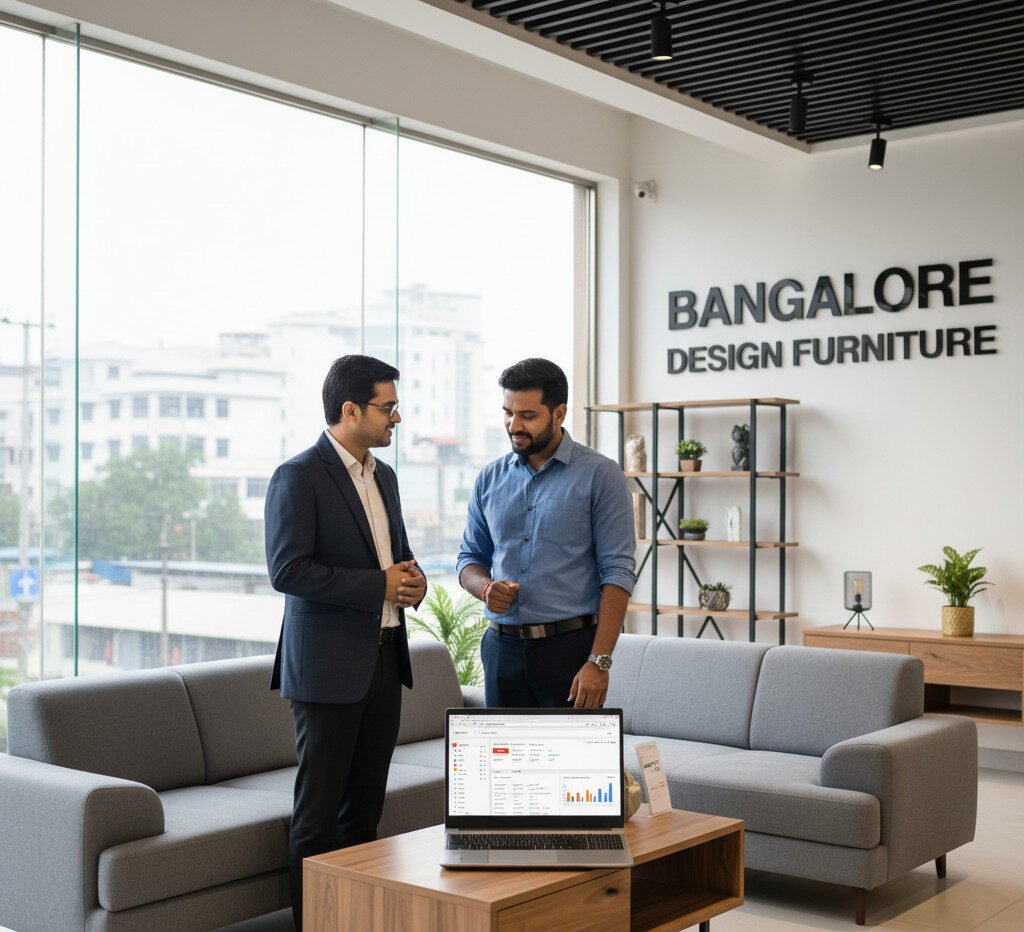 Two men in a modern Bangalore furniture showroom discuss a digital marketing report on a laptop. We provide expert SEO Services for Furniture Stores in Bangalore to increase sales.