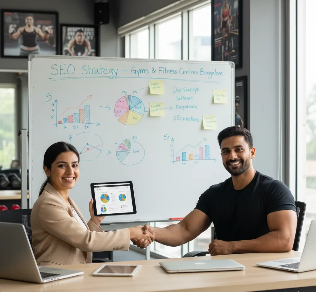 A consultant shakes hands with a gym owner in Bangalore, holding a tablet showing growth charts. They are partnering for expert SEO Services for Gyms and Fitness Centres in Bangalore.