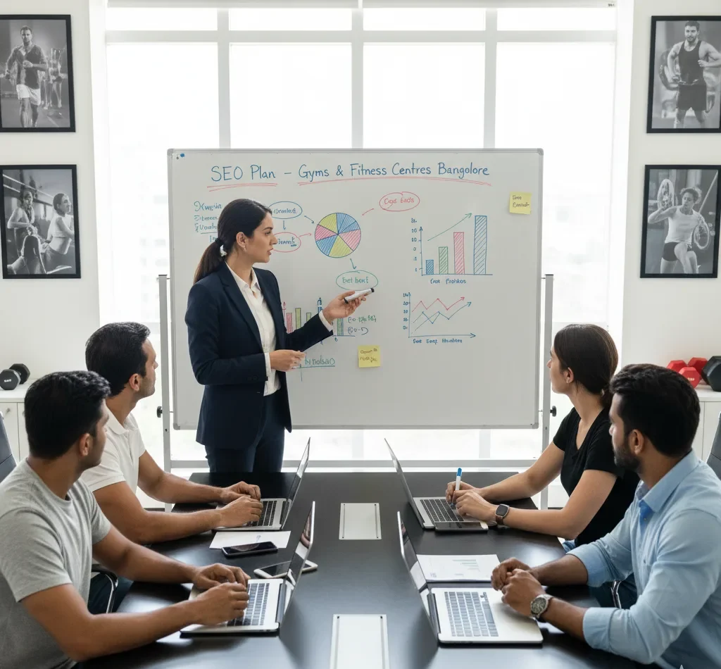 A consultant presents an "SEO Plan – Gyms & Fitness Centres Bangalore" on a whiteboard to a team. We provide high-impact SEO Services for Gyms and Fitness Centres in Bangalore.