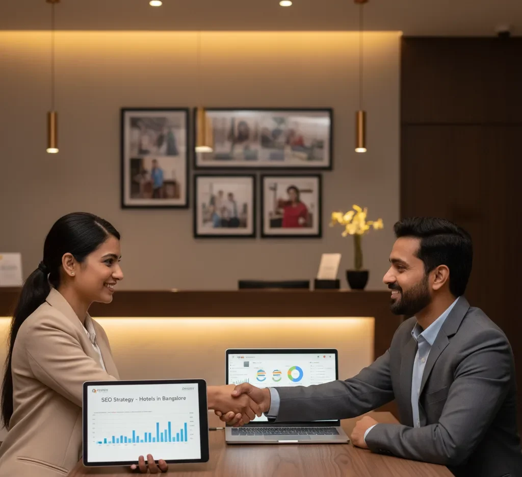 A consultant and a hotel manager shake hands over a tablet showing an "SEO Strategy - Hotels in Bangalore." We provide effective SEO Services for Hotels in Bangalore.