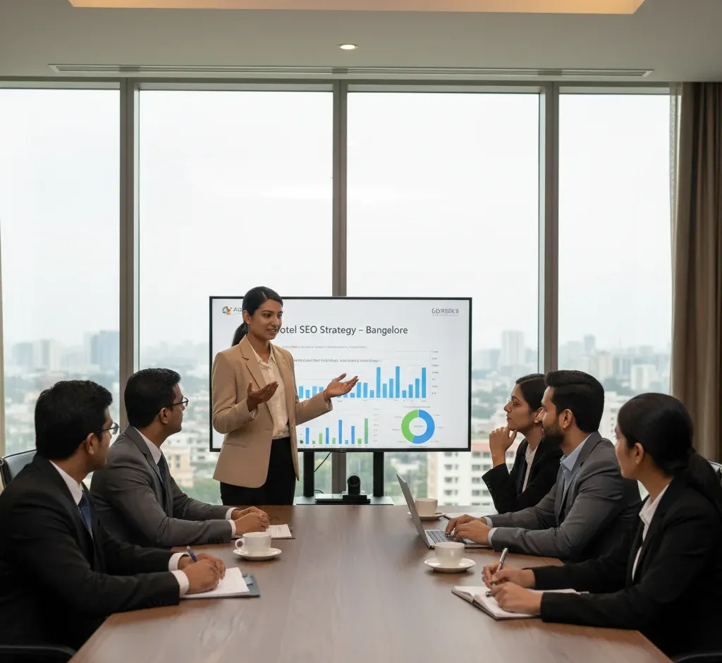 A female consultant presents a "Hotel SEO Strategy – Bangalore" report to a hotel management team. We offer specialized SEO Services for Hotels in Bangalore to boost bookings.