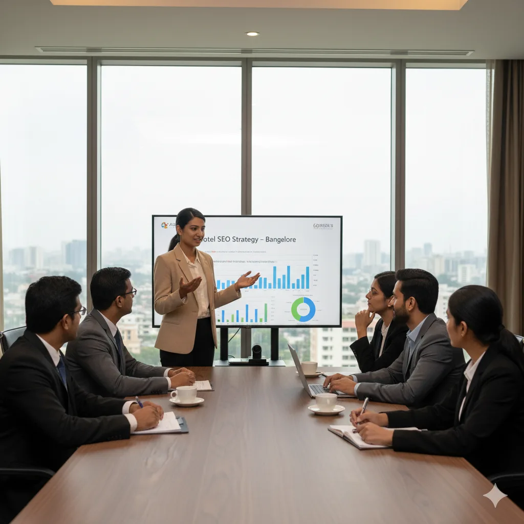 A female consultant presents a "Hotel SEO Strategy – Bangalore" report to a hotel management team. We offer specialized SEO Services for Hotels in Bangalore to boost bookings.