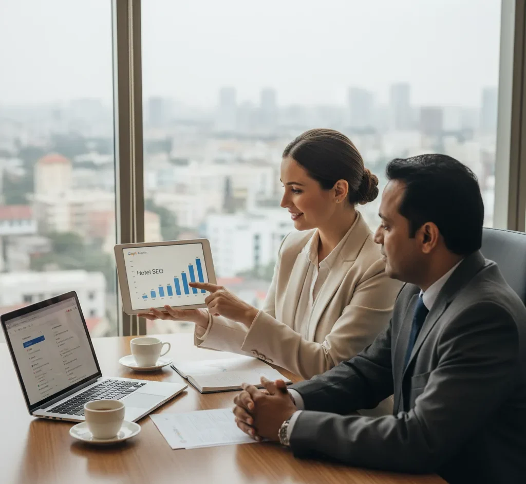 A consultant shows a hotel manager a tablet with rising "Hotel SEO" charts, discussing digital growth. We provide expert SEO Services for Hotels in Bangalore to increase occupancy.