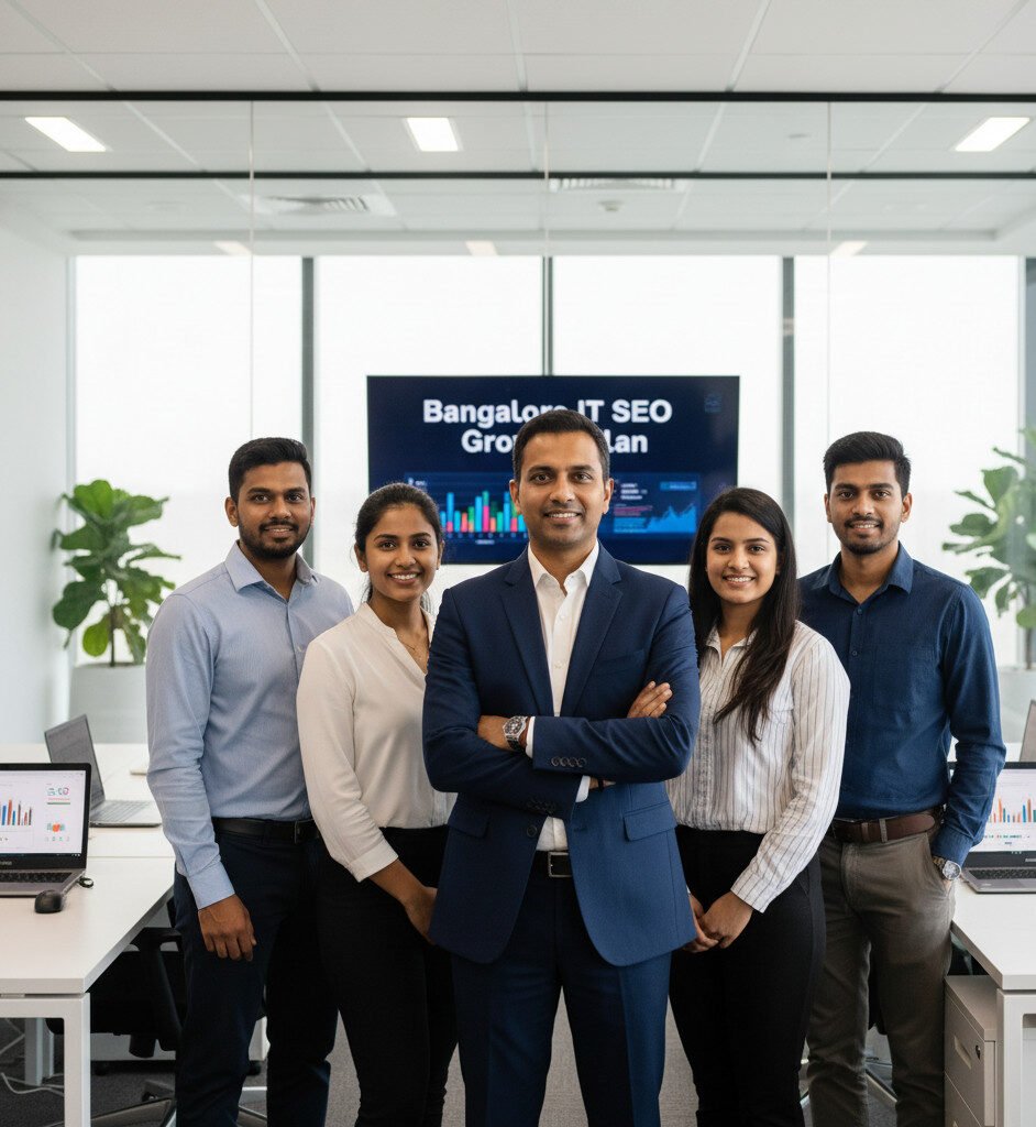 A male team leader in a blue suit and his confident Indian SEO team stand with laptops showing a Bangalore IT SEO Growth Plan. We provide powerful SEO Services for IT Companies in Bangalore.