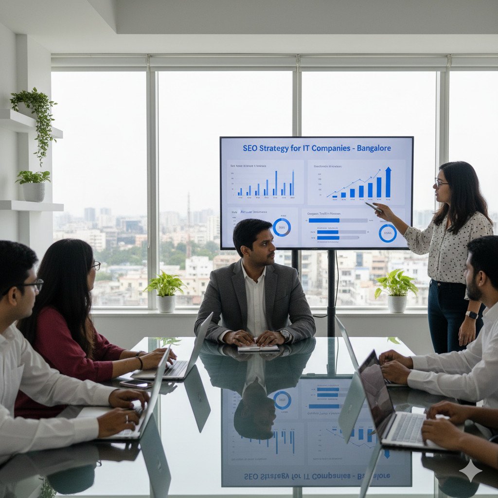 A female presenter points to a rising SEO strategy chart for IT Companies in Bangalore during a meeting. We offer data-driven SEO Services for IT Companies in Bangalore to help you grow.