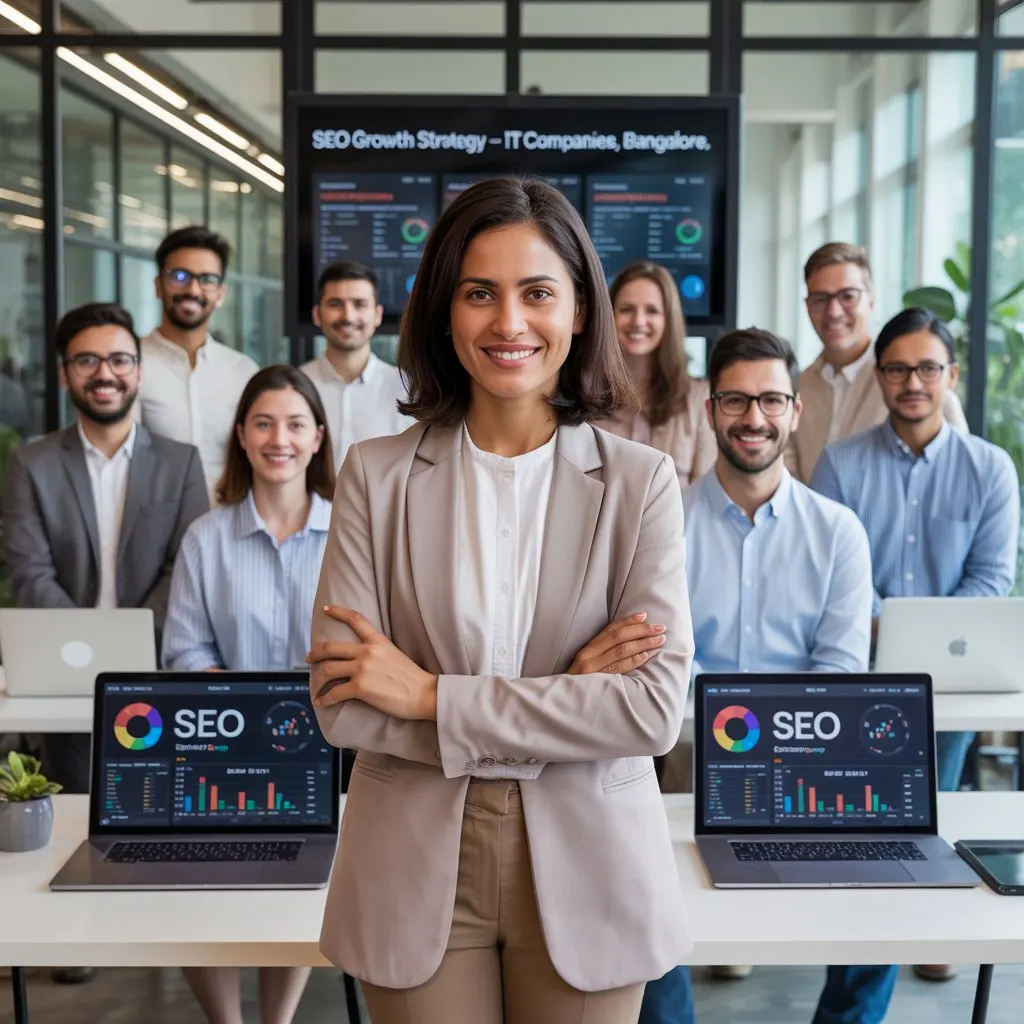 A confident female leader stands in front of her diverse SEO team in a Bangalore office with laptops displaying "SEO Growth Strategy." We deliver top SEO Services for IT Companies in Bangalore.