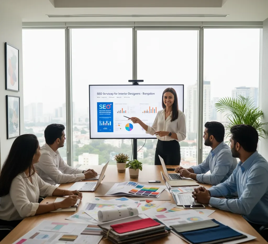 A female presenter points to an "SEO Services for Interior Designers - Bangalore" chart during a meeting. We offer effective SEO Services for Interior Designers in Bangalore.