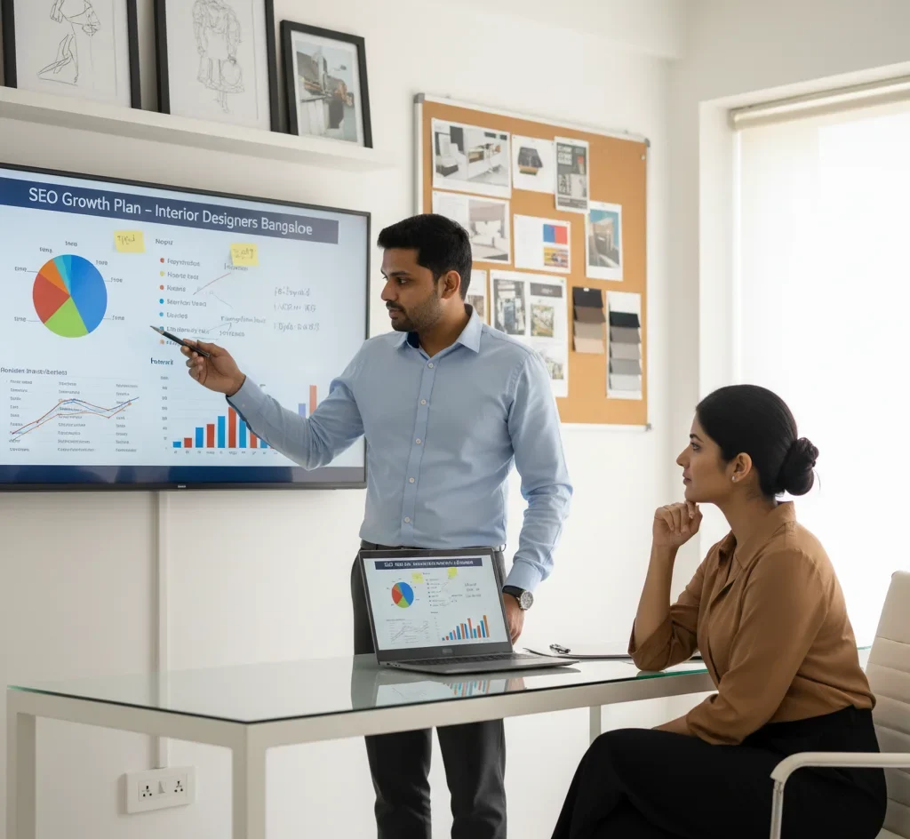 A marketing consultant points to an "SEO Growth Plan – Interior Designers Bangalore" screen while discussing strategy with a designer. We offer specialized SEO Services for Interior Designers in Bangalore.