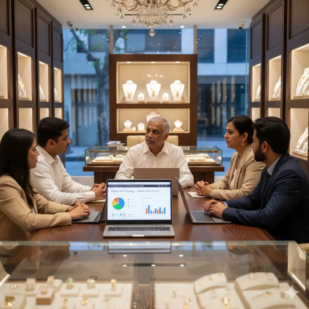 A confident consultant shakes hands with a smiling jewelry store owner in a bright Bangalore showroom. We deliver effective SEO Services for Jewellery Stores in Bangalore.