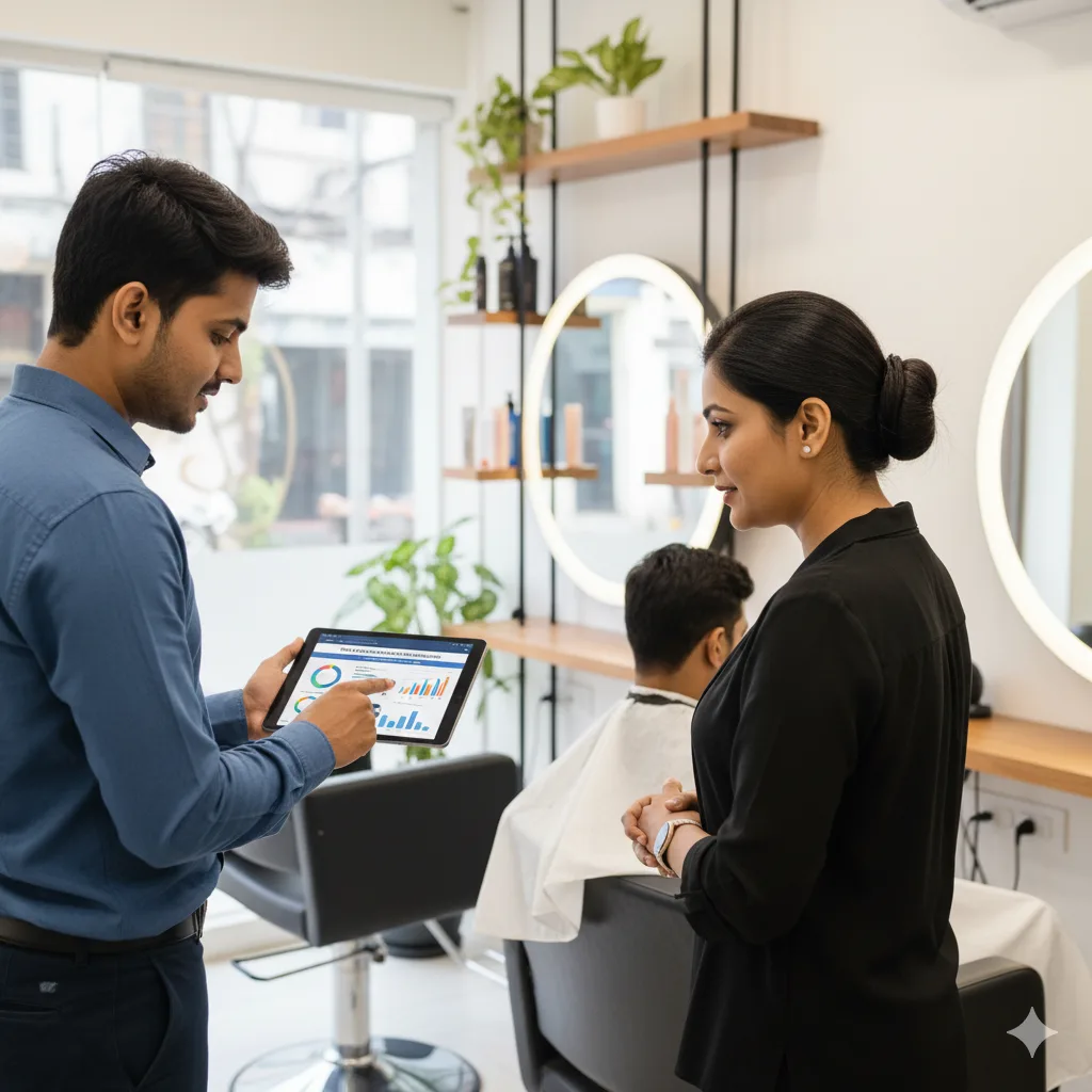 A male consultant shows a digital marketing report on a tablet to a female salon owner in Bangalore, detailing SEO Services for Salons in Bangalore to attract more clients.