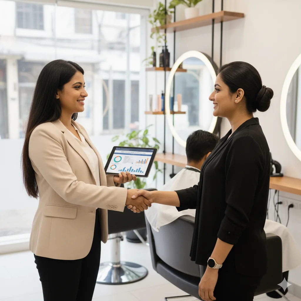 A consultant with a tablet showing analytics shakes hands with a salon owner in a stylish Bangalore parlor. They are partnering for SEO Services for Salons in Bangalore growth.