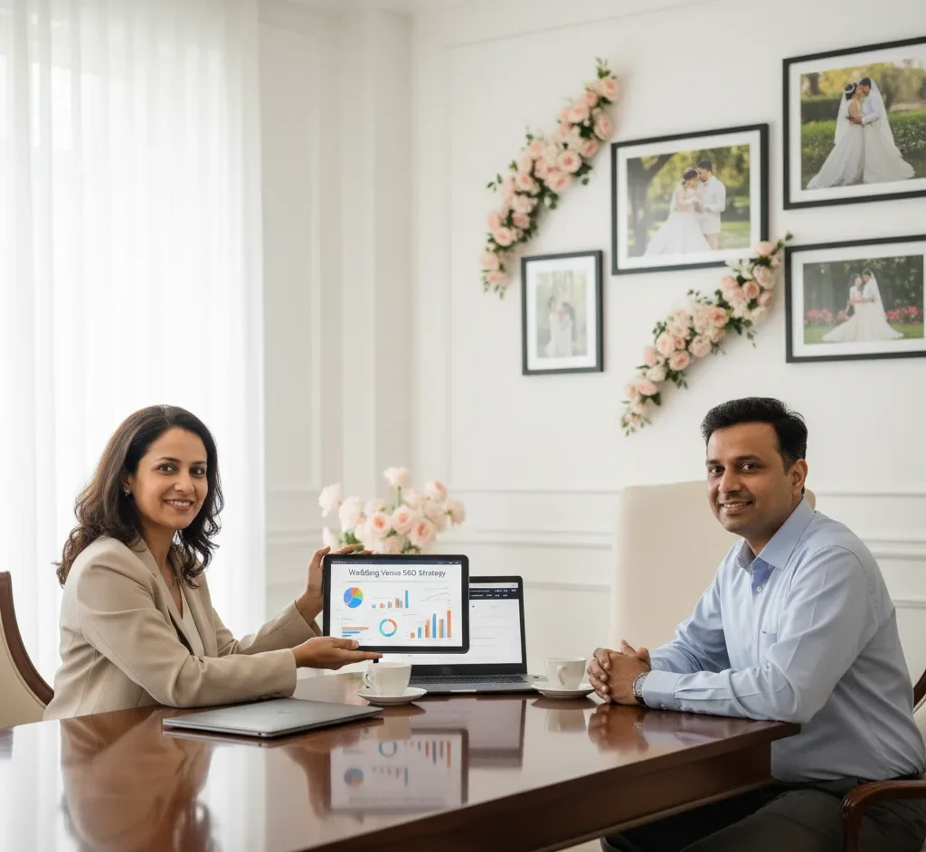 A consultant shows a client a tablet with a "Wedding Venue SEO Strategy" chart, sitting in a beautiful office. We deliver effective SEO Services for Wedding Venues in Bangalore.
