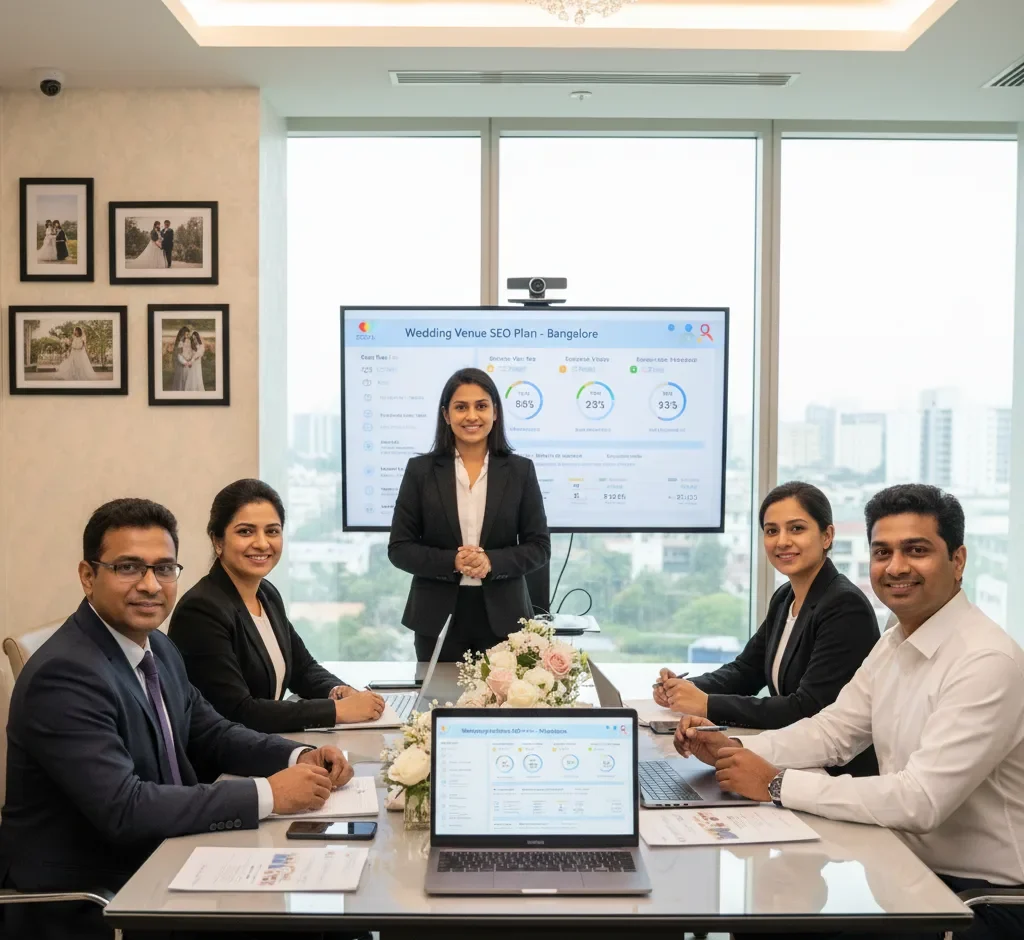 A consultant presents a "Wedding Venue SEO Plan - Bangalore" to a management team. We offer specialized SEO Services for Wedding Venues in Bangalore to increase bookings.