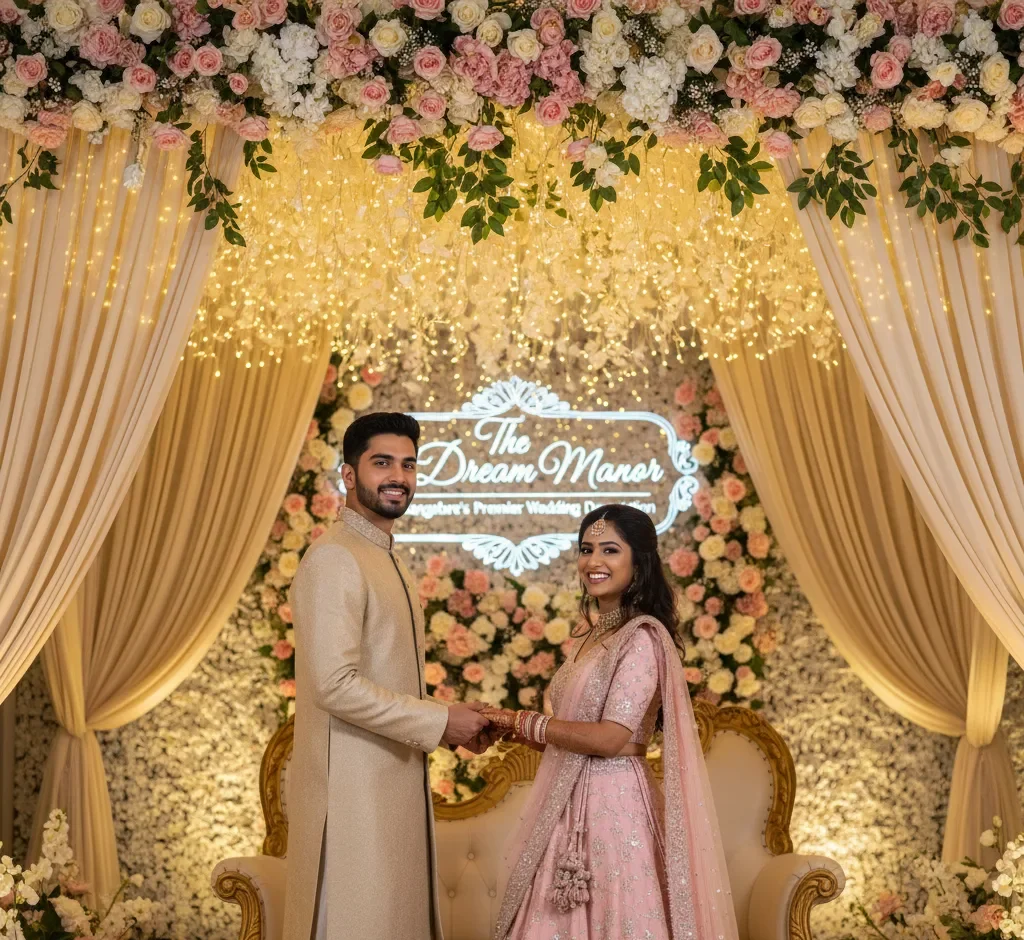 A happily married couple poses at "The Dream Manor," a premier Bangalore wedding venue decorated with flowers and lights. We help venues with SEO Services for Wedding Venues in Bangalore.