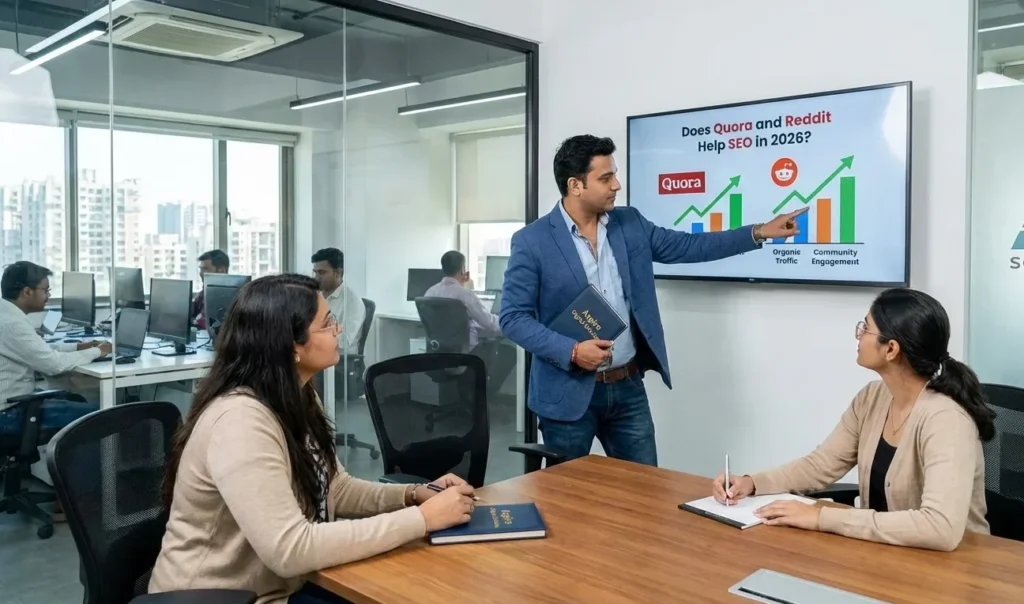 A professional presentation in a modern office where a man in a blue blazer points to a screen titled "Does Quora and Reddit Help SEO in 2026?" while two colleagues take notes.