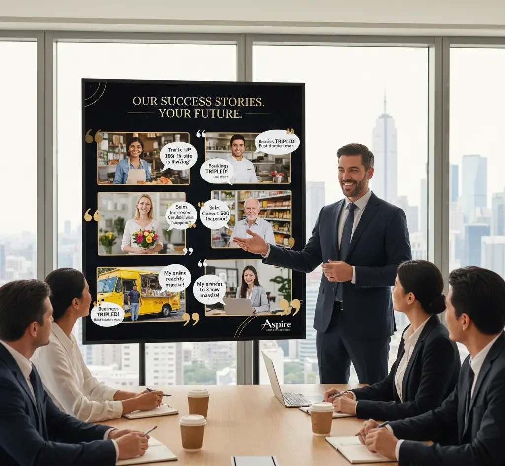 A professional presentation in a high-rise conference room where a man in a navy suit presents a "Success Stories" digital poster to a group of four colleagues.