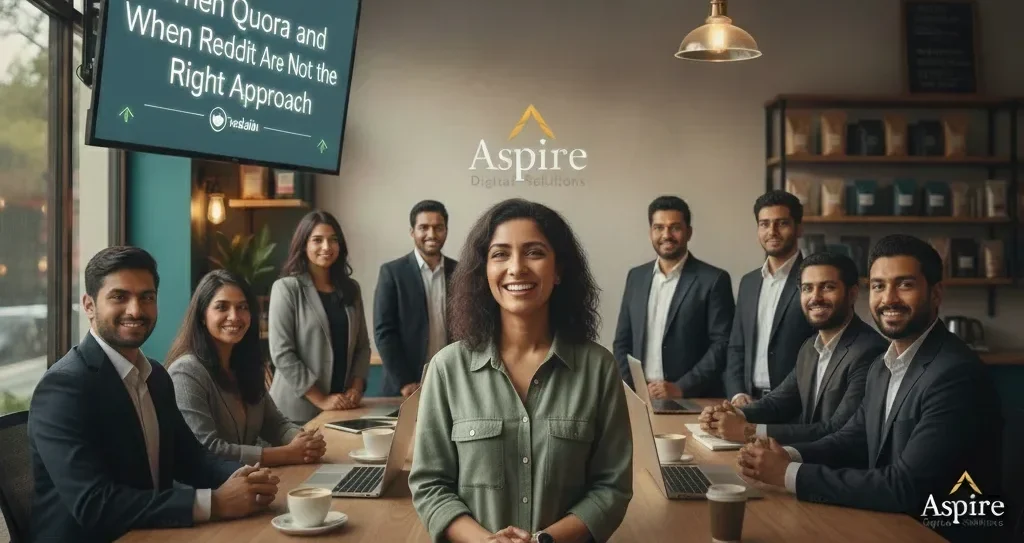 A woman in a green shirt smiles at the head of a conference table with her team, while a monitor asks "When Quora and When Reddit Are Not the Right Approach".