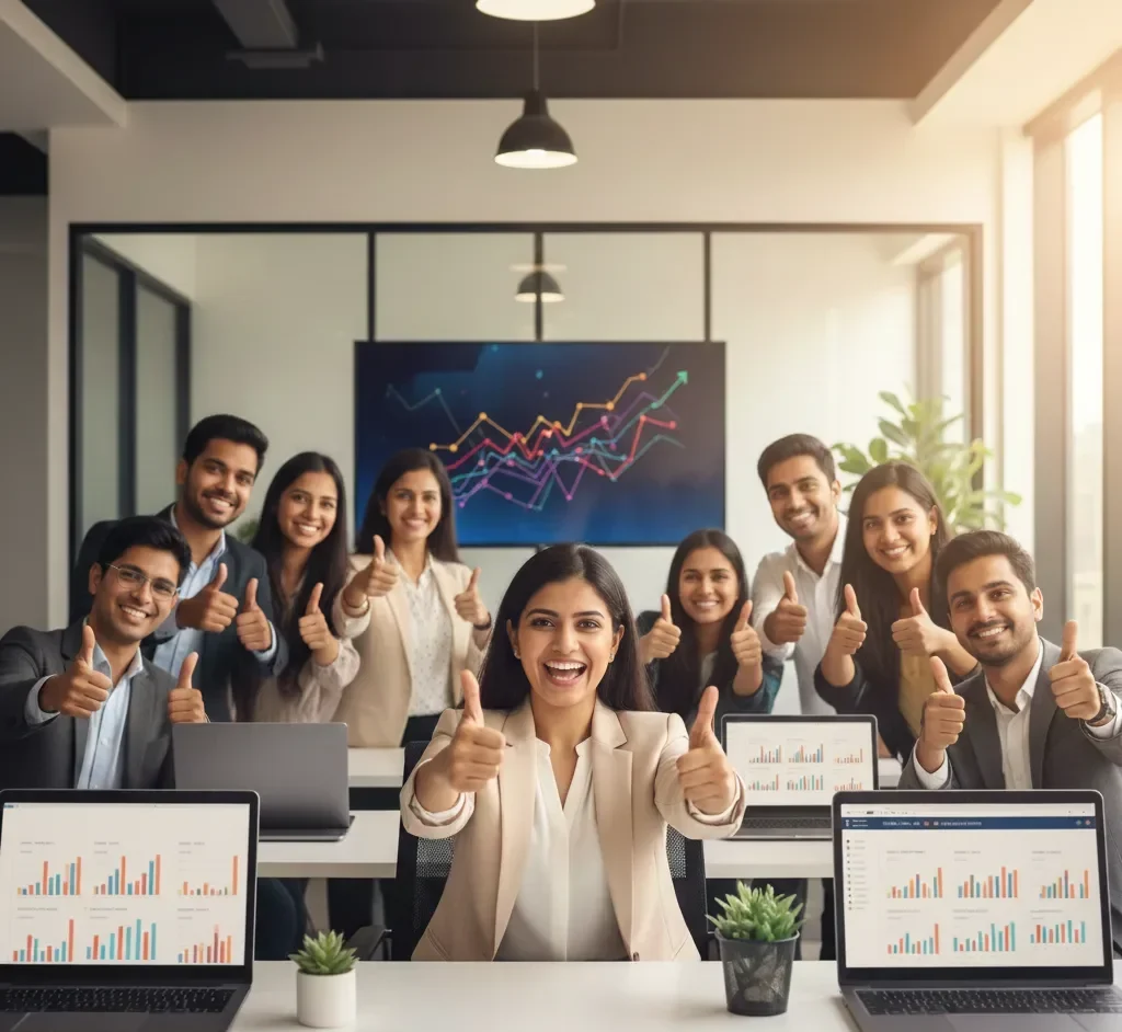 Eleven smiling professionals from Aspire Digital Solution give a thumbs-up gesture around a boardroom table in a high-rise office with a bright city skyline view.