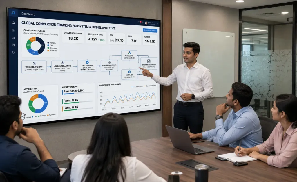 A dashboard showing a complete Conversion Tracking Funnel from website visits to measuring ROAS and revenue.