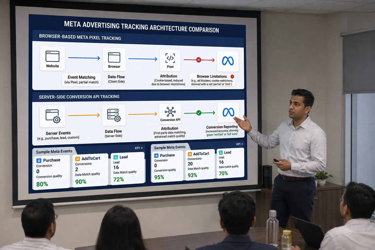 A diagram illustrating Meta Ads Tracking setup and performance optimization processes.