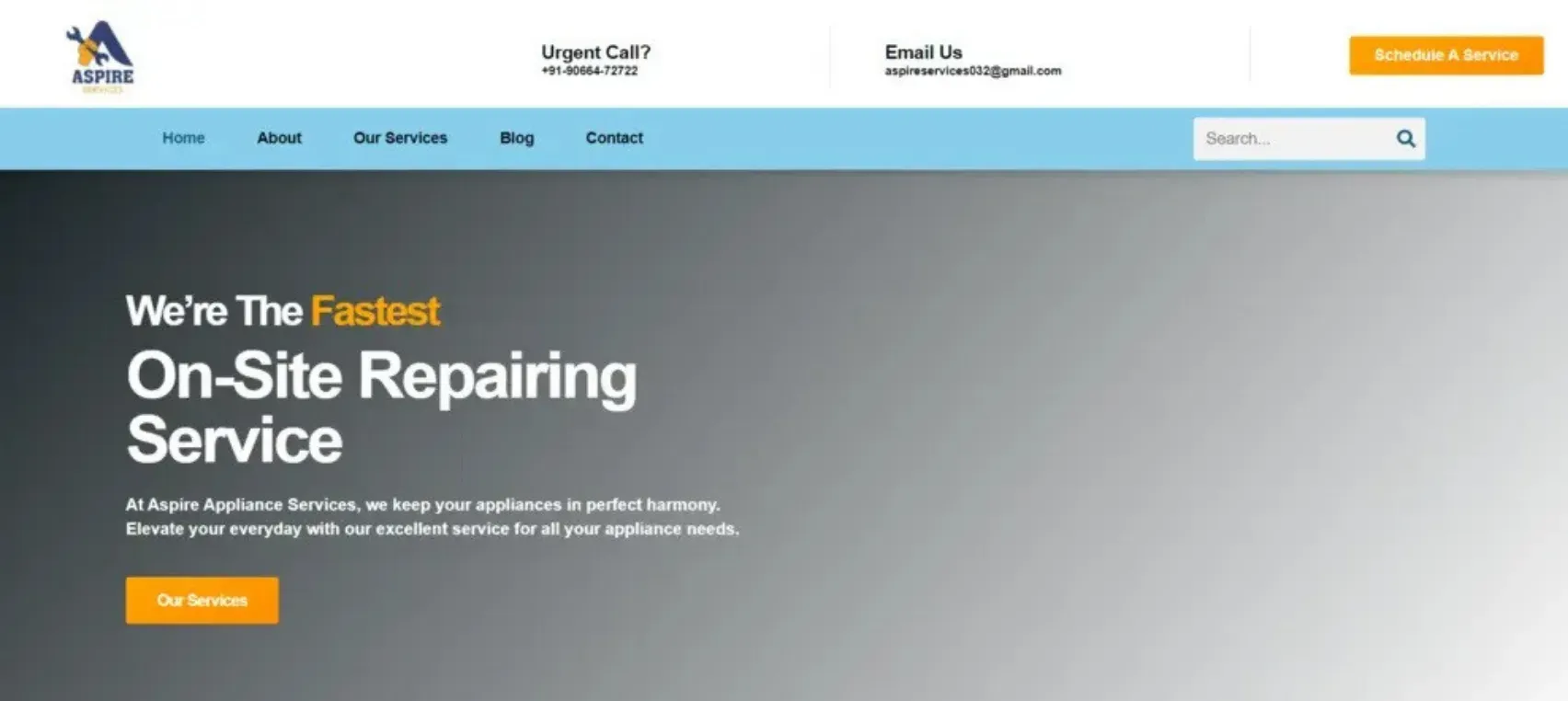 Aspire Appliance Services website homepage seo screen shot showing repair services.